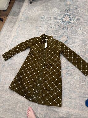 Quilted Diamond-Print Trench Coat in Olive Green